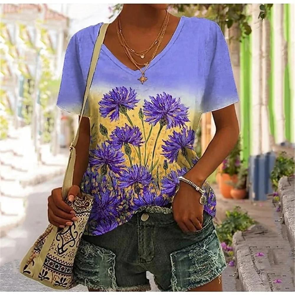 Abstract Oil Painting Floral 3D Print Summer Letter Fashion Women T-shirt Short Sleeve Everyday Tops T-shirt Harajuku Vintage