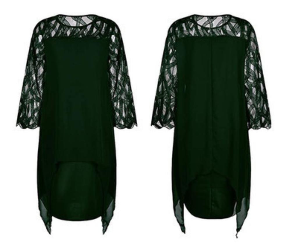 Europäisches Und Amerikanisches Chiffonkleid Mit Dreiviertelärmeln Und Asymmetrischem Saum, Verziert Mit Spitze