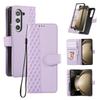 For Samsung Galaxy Z Fold7 5G Case 3D Rhombus Grid Imprinted Wallet Leather Phone Cover with Lanyard