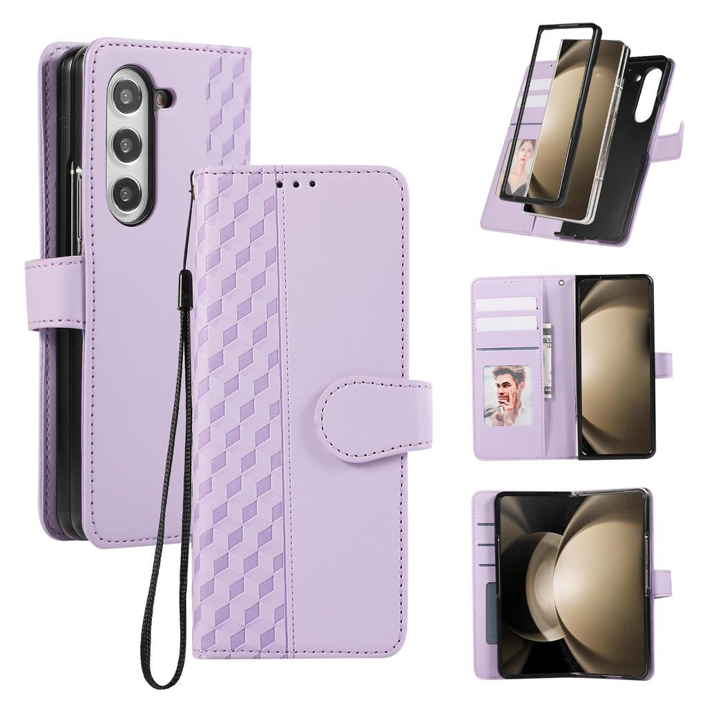 For Samsung Galaxy Z Fold7 5G Case 3D Rhombus Grid Imprinted Wallet Leather Phone Cover with Lanyard