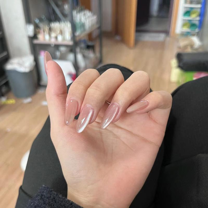 24Pcs Metallic Cat Eye French Sheer 3D Textured Almond Medium Nude Pink Press On Fake Nails