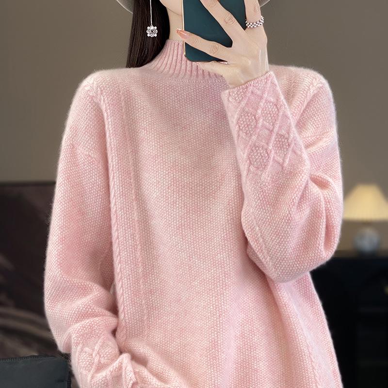 Women's Pure Wool Half-High Collar Sweater, Loose Fit, Cashmere Base Layer, Retro Jacquard Knit Pullover