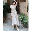 Women's White V Neck Short Sleeve Dress Ruffle Waist Tie Slim Fit Irregular Hem Sweet Midi Dress For Summer Daily Wear