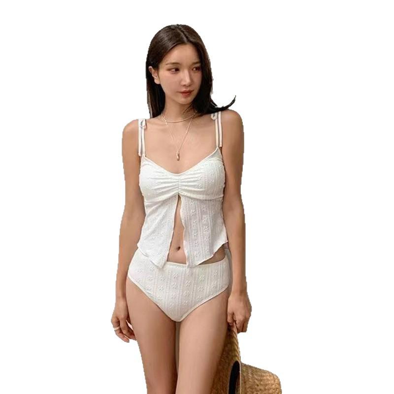 2026 European and American Solid Color Split Bandeau Bikini with Ruched Fabric