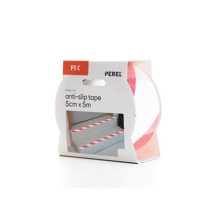 Perel Ruban antidérapant 5 m x 5 cm rouge blanc, autocollant, étanche et résistant UV, forte adhérence intérieur extérieur