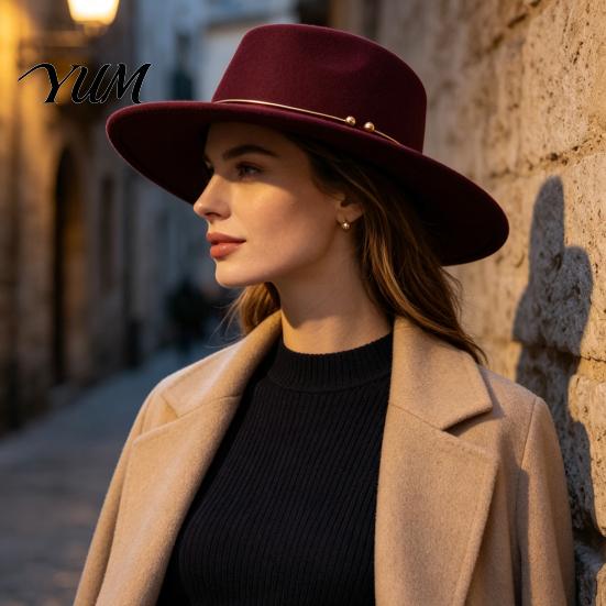 Sophisticated Daily Commuting Hat Retro Flat Top Hat, Wool Felt Pork Pie Bowler with Winter Warm Fedora for Women Metal Ring, Wide Brim Trilby