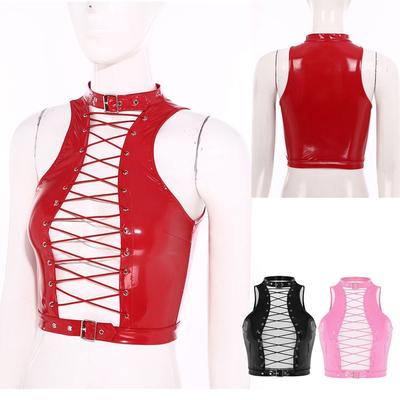 Chaleco de Moda para Mujer con Calados y Ojales con Cordones Gótico Efecto Mojado Cuero Patentado Sin Mangas Crop Top Ropa de Fiesta Club