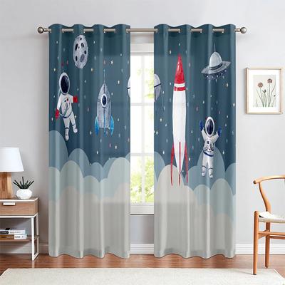 2 Stück Cartoon-Raumfahrer-Astronauten-Vorhang, niedlich, für Jungen und Mädchen, Zimmer, Himmel, Rakete, Planet, Vorhänge für Schlafzimmer, Wohnzimmer, Fensterdekoration