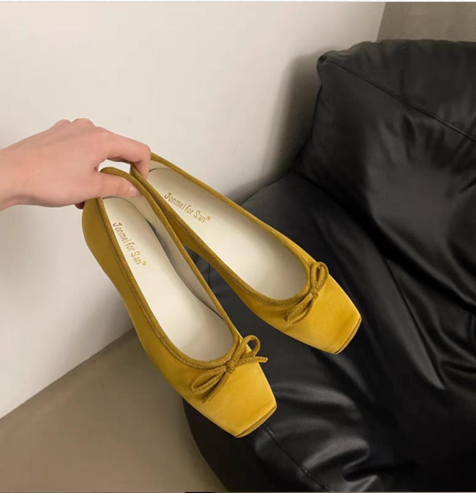Elegant Woman Silks Bow Flats Fashion Square Toe Shallow Mary Jane Shoes Soft Casual Ballet Shoes for Women Slip On Dress Shoes