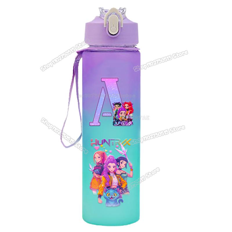 High Quality KPop Demon Hunters Gradient Water Bottles 750ml Movie Girl Letter A-Z Straw Drink Cups Portable High-capacity Outdoor Bottle