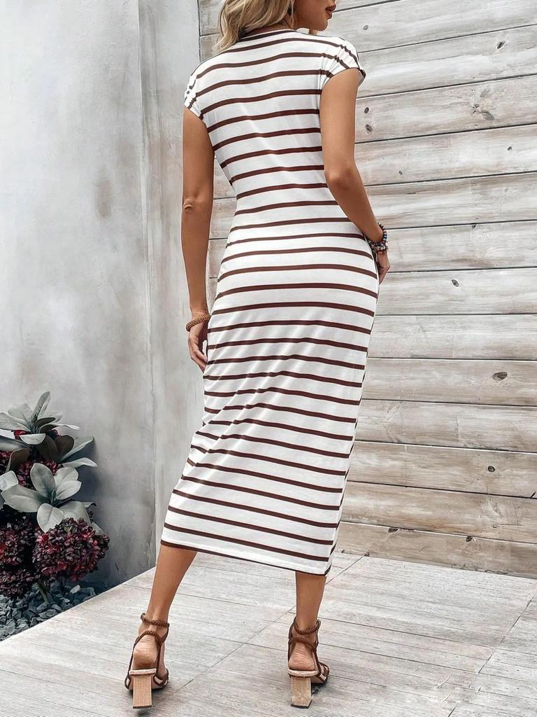 2025 Elegant Striped Short Sleeve Round Neck Waist Tie Summer Dress for Women