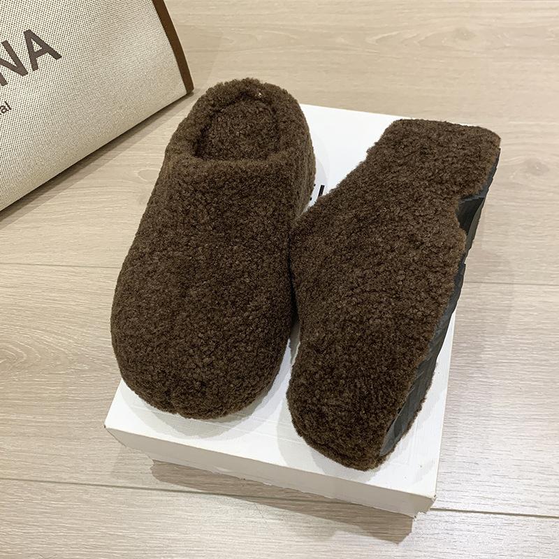 Retro Thick-soled Casual Bag Head with One Foot and Warm Cotton Shoes for Women's Autumn and Winter Niche Plush Casual Fluffy Half Slippers