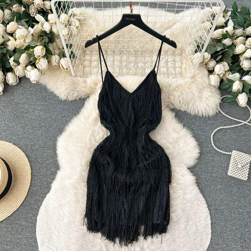 

Sexy Open Back Furry Tassel Slim Looking Sling Dress Black L