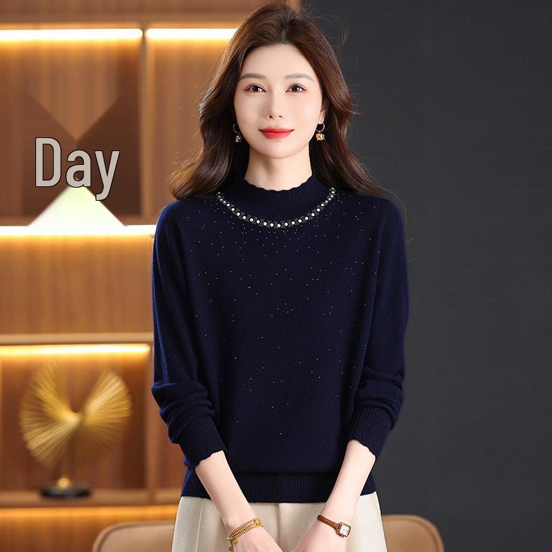 Women's 100% Wool Rhinestone Semi-High Neck Sweater – Fashionable Knitted Base Shirt for Autumn and Winter, Ideal for Middle-Aged and Elderly Mothers