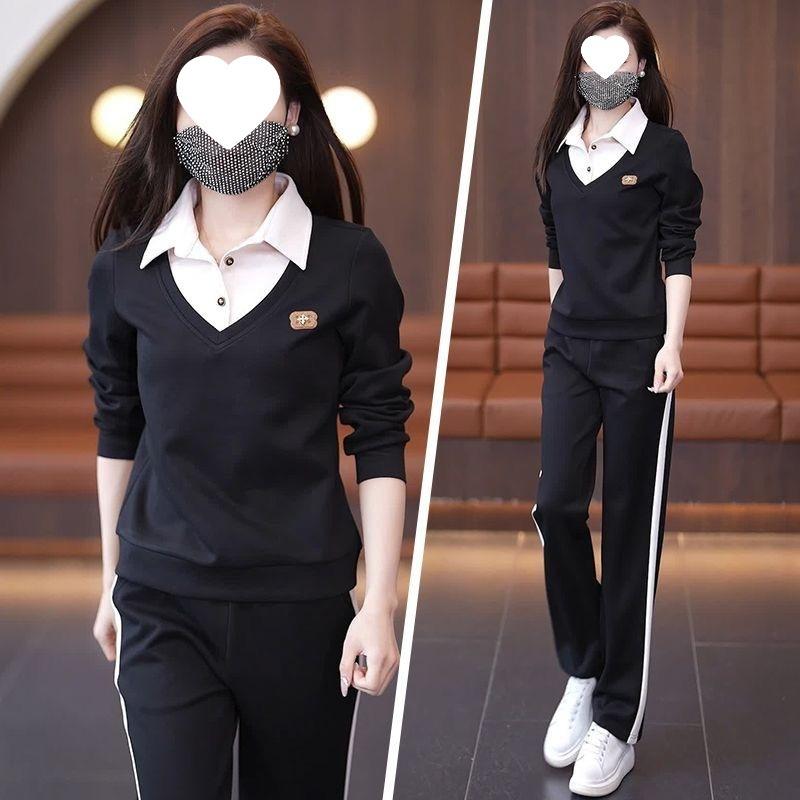 Spring and Autumn Casual Women's Long-sleeved Faux Two-piece Loose-fitting Versatile Slimming Straight-leg Pants Set