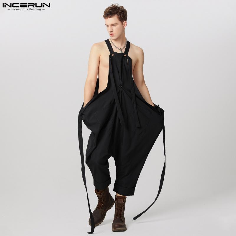 INCERUN Men Strap Solid Color Baggy Dungarees Overalls Drop-crotch Jumpsuits