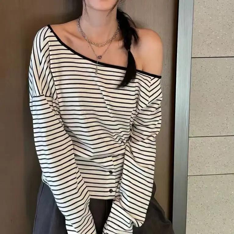 Women's Striped Off-Shoulder Long-Sleeve Cotton Tee—Fashionable, Versatile, Slimming, High-End Feel, Perfect for Spring/Autumn.
