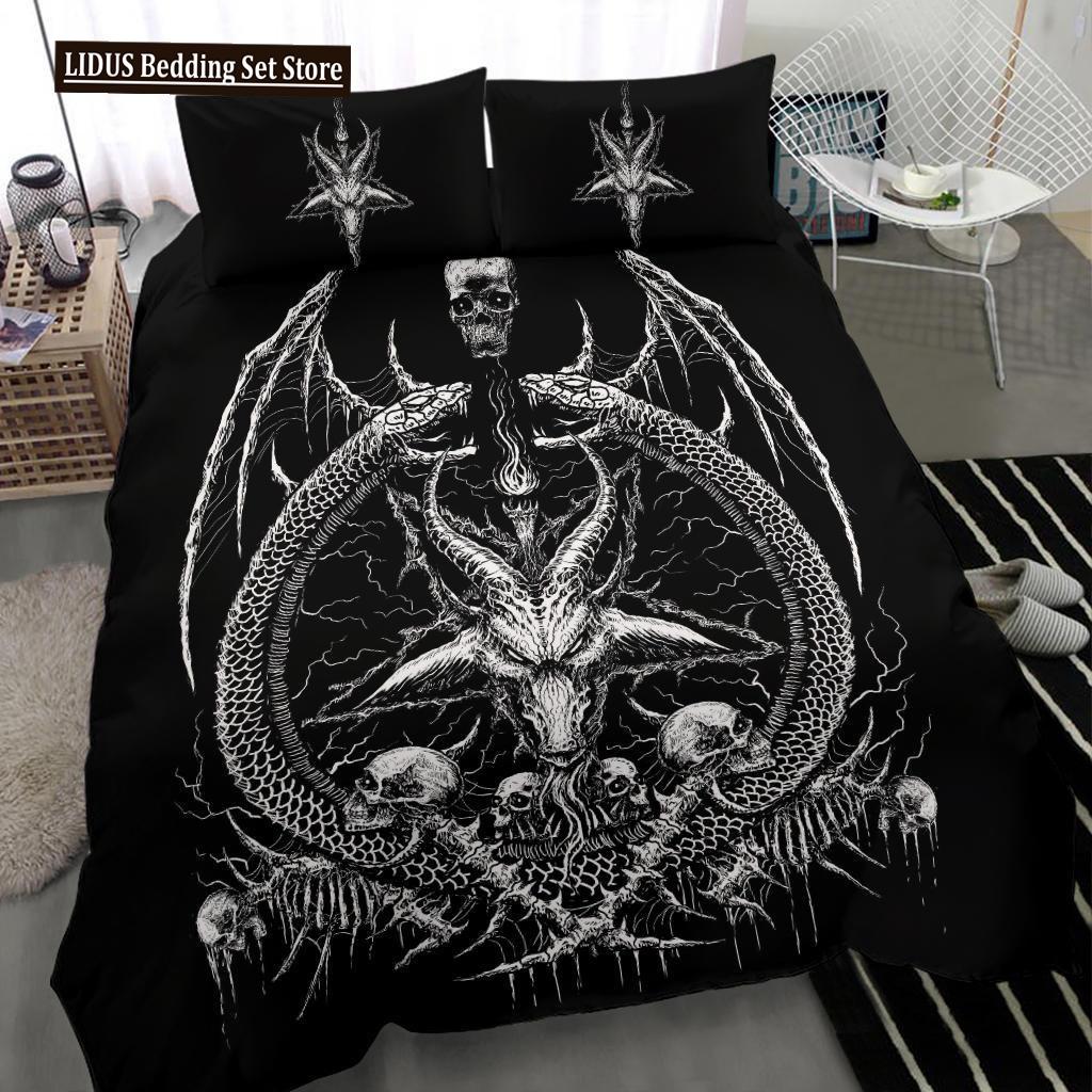 Skull Skeleton Satanic Goat Skull Duvet Cover Set Trophy Demon Breed Bedding Sets Night Blue Pink Satanic Baphomet Quilt Cover