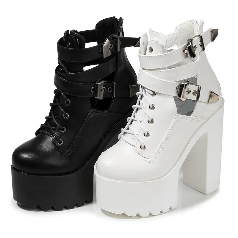 Fashion 15CM Women Spring Pump Mary Janes Block High Heels Round Toe Elegant Black Party Shoes Ladies Size 34-39