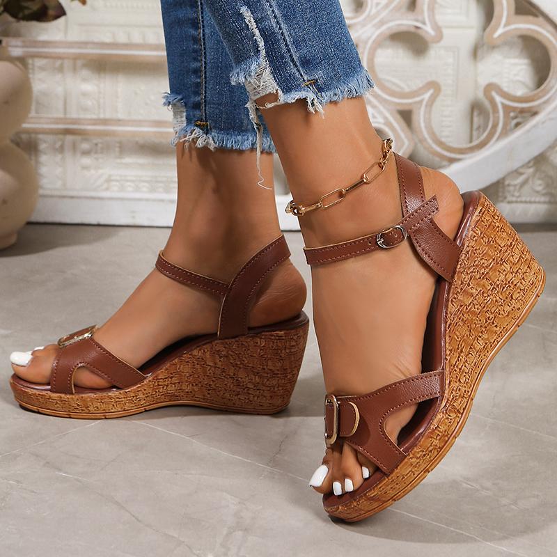 Fashion Retro Buckle Decor Wedges Sandals Women Plus Size Ankle Strap Thick Sole Non Slip Casual Shoes Summer Chunky Platform Sandalias