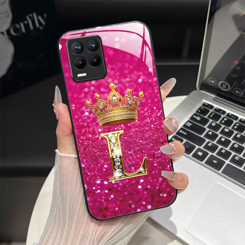 For Realme 8 Case Fashion Letters Hard Tempered Glass Back Cover For Realme 8 Pro 8i Realme8 4G RMX3085 Phone Case Luxury Coque
