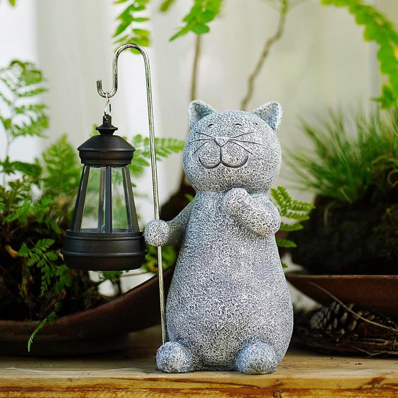 Solar-Katzen-Gartenstatue mit Laterne, wasserdichtes Harz, niedliche Kätzchenfigur, Außenhof-Kunst, dekorativer Weg, Landschafts-Nachtlicht-Ornament