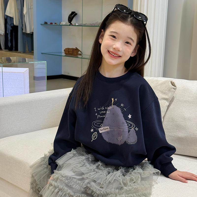 Kids Girls Casual Cartoon Print Thick Pullover Hoodless Sweatshirt Top