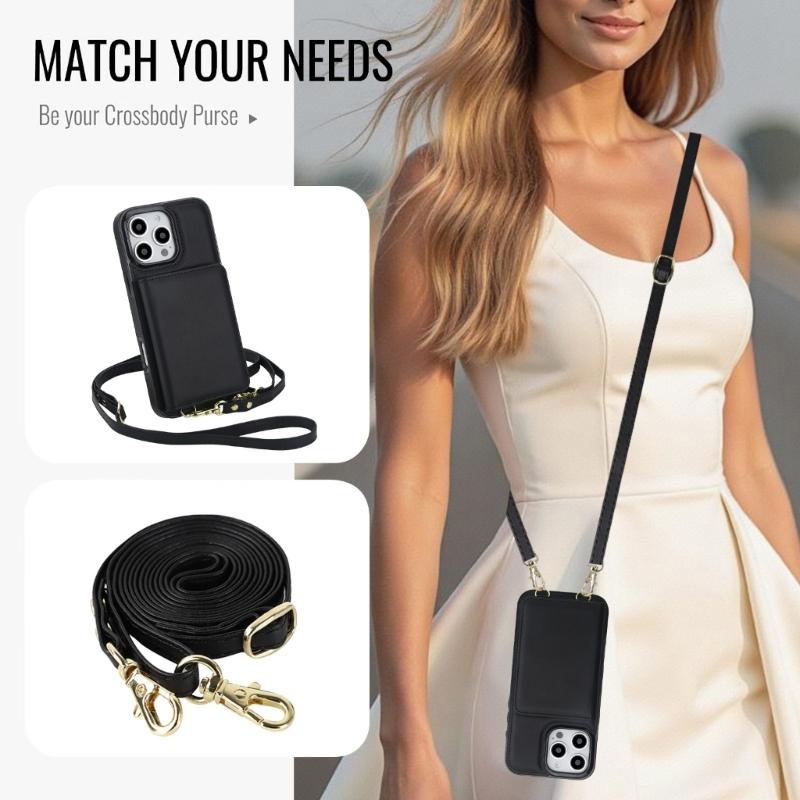 Magnetic Closure Cover for Phone 16 Series Kickstand Case with Card Holder Lanyard Shoulder Strap