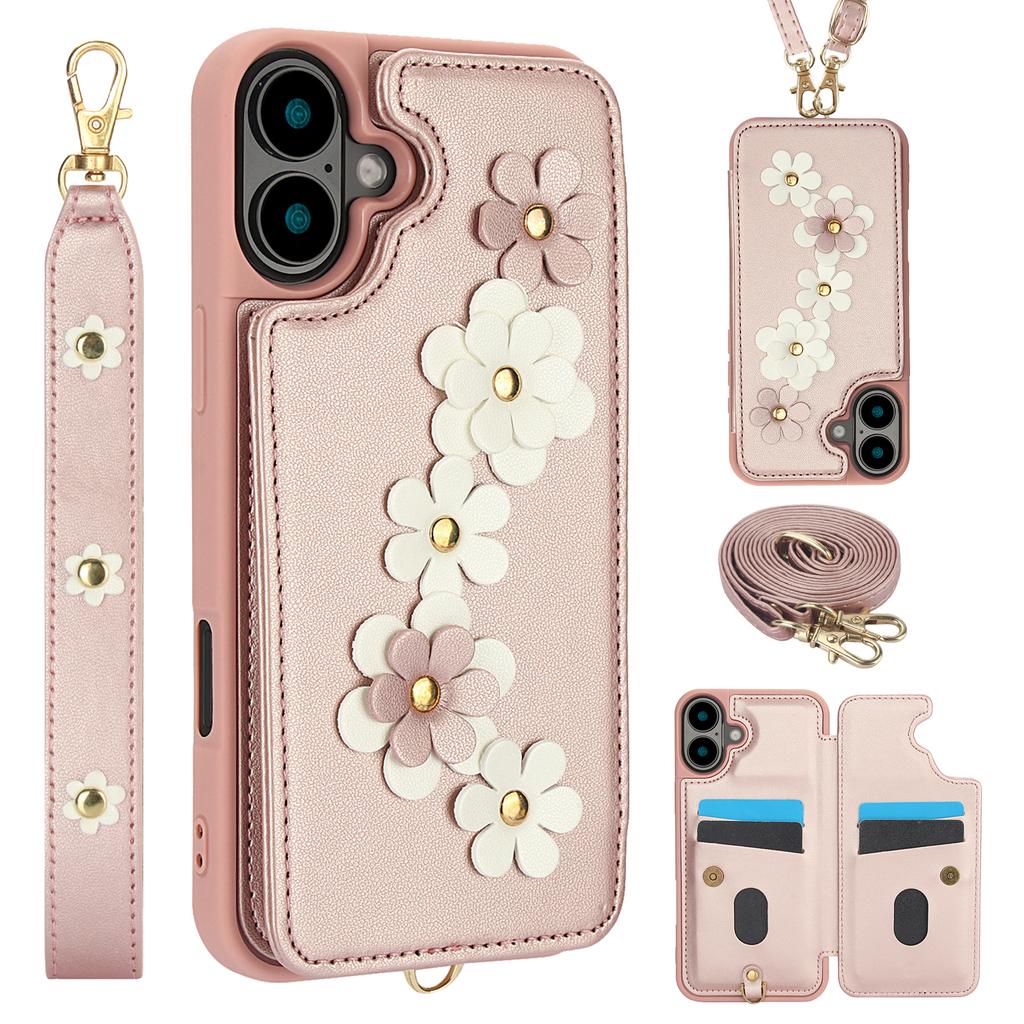 Für iPhone 16 Plus Hülle Kartenfächer Lederbeschichtetes TPU Blume Handyhülle
