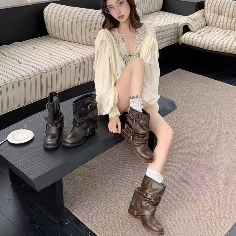 Fashion 2025 New Designer Women Ankle Boots Fashion Belt Buckle Shoes Thick Heel Women's Boots Street Style Morder Short Booties 63456