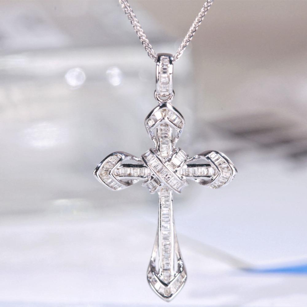 18K Gold Plated T Square Cross Pendant Necklace with Moissanite Simulant Elegant Collarbone Chain