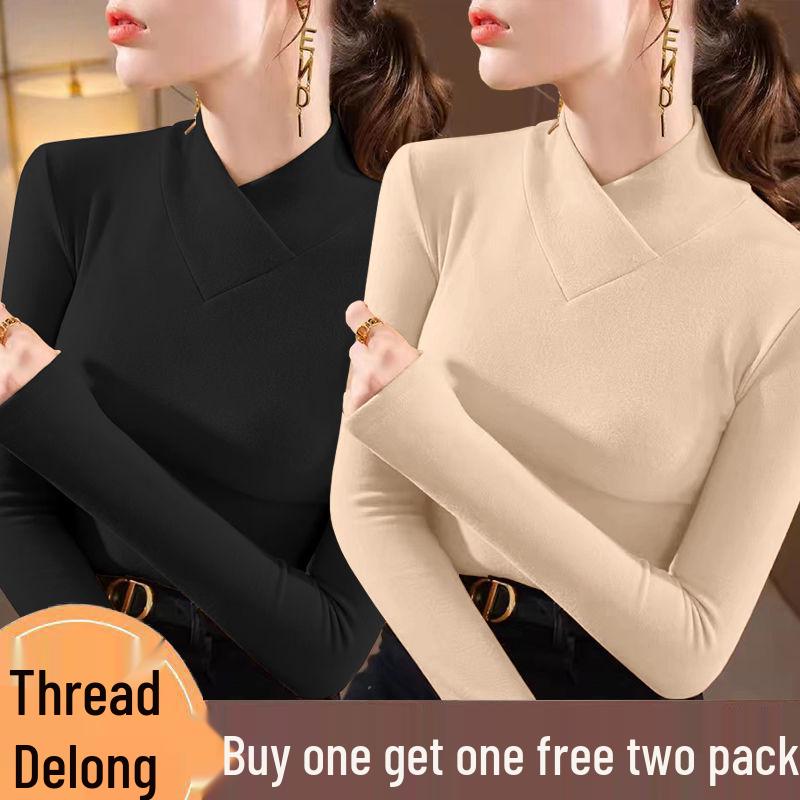 Double-sided Threaded Semi-high Neck Slim-fit Warm Base Layer Top for Women - Autumn/Winter Long-sleeve T-shirt