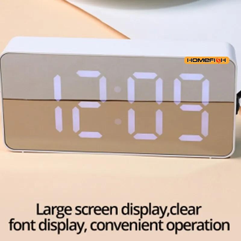 1Pc White LED Mirror Table Clock Snooze Display Time Night Light Desktop USB Alarm Clock Home Decor