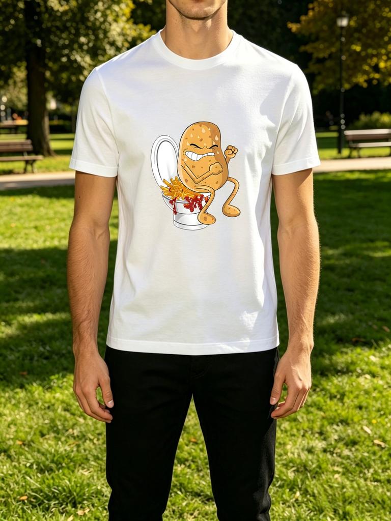 Funny Potato Pooping Fries Toilet Cartoon Front Graphic Print Unisexs Crew Neck Short Sleeve Tee Casual Daily Soft Basic Wear Top