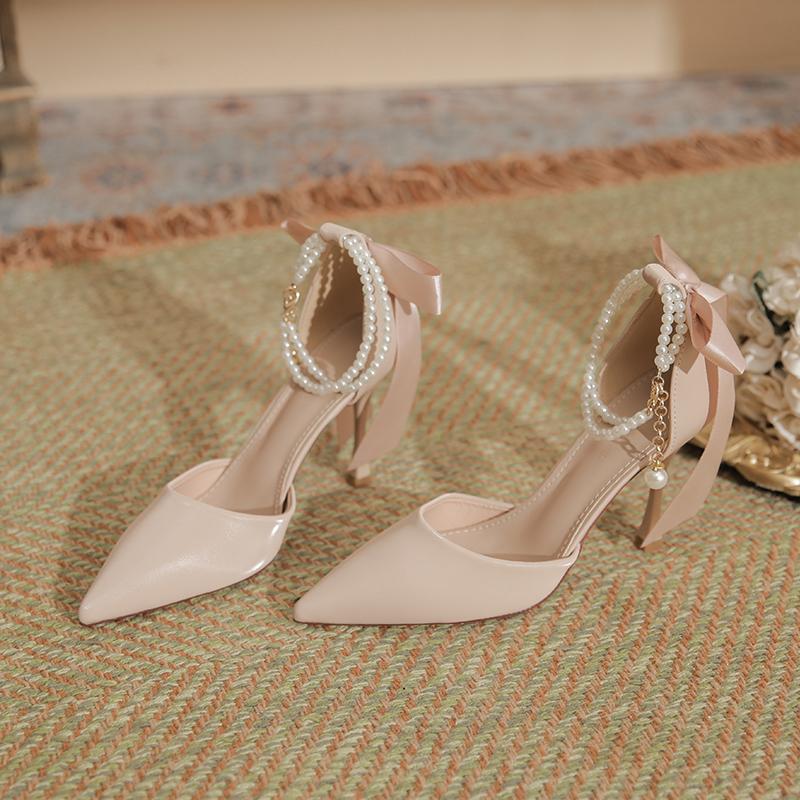 Fashion 2025 New Hollow Head High Heel Sandals Pearl Slim Heels Senior Sense Nude Nightclub Shoes Women