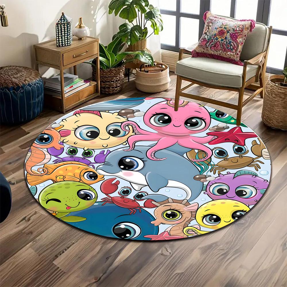 Cute Cartoon Sea Creatures Pattern Print round rug, living room, bedroom, playroom carpet, non slip floor mat, gift