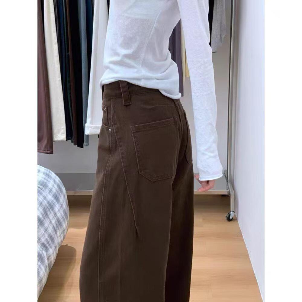 Women's Retro Coffee Curved Leg High-Waist Wide-Leg Jeans - Loose Fit, Slimming, Versatile, Perfect for Spring & Autumn