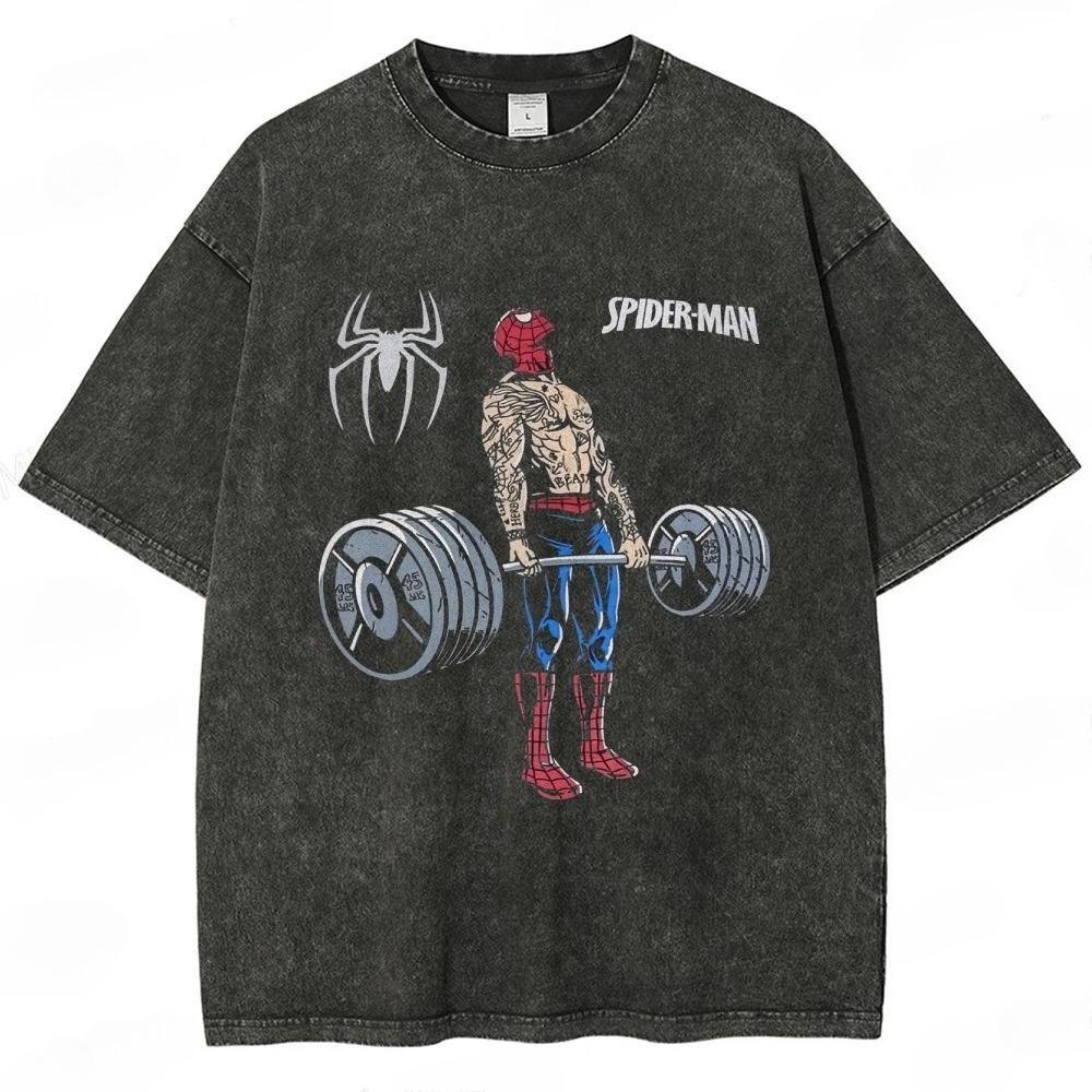 Anime Spider-Man Graphic Print T-Shirt Men Women Vintage Washed Cotton Summer New Tee Streetwear Y2K Harajuku Fashion Oversized Top