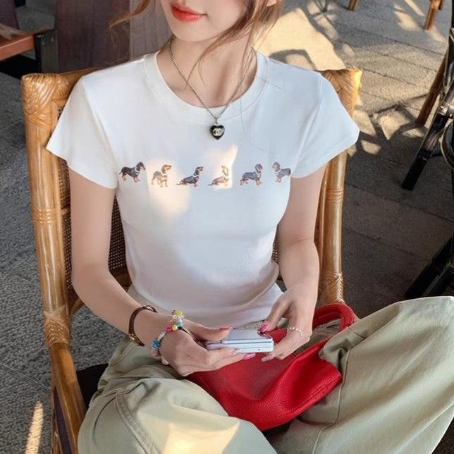Craftsman Yi, necklace dog print slim-fit short sleeves, spring and summer Nanyou new Korean popular slim-fit and thin top