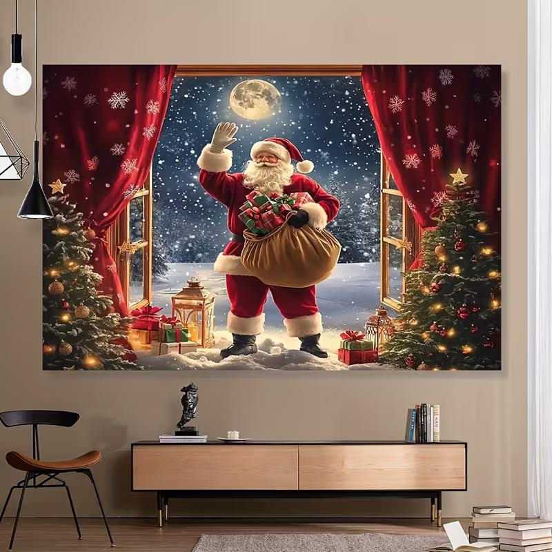 

2D Winter Santa Claus Backdrop, Christmas Night Window with Snowflakes Banner 47.2x31.5inch/120*80cm