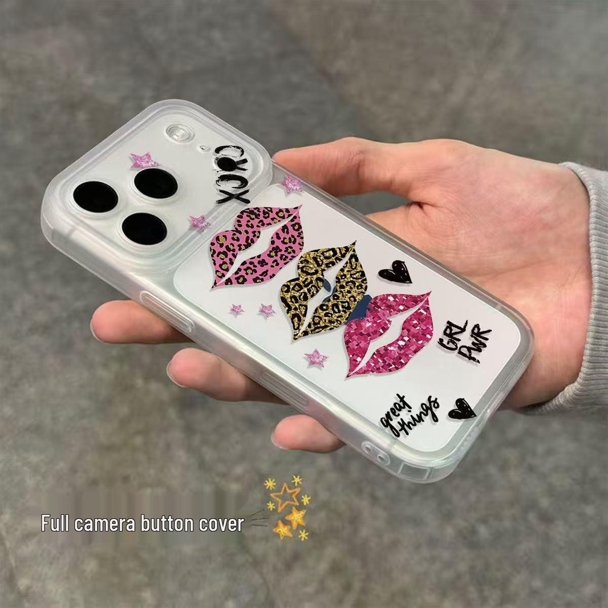 

Leopard Print Lips Camera Button Case for Apple 17/16/15/14/13/12/11 Apple 15 Pro