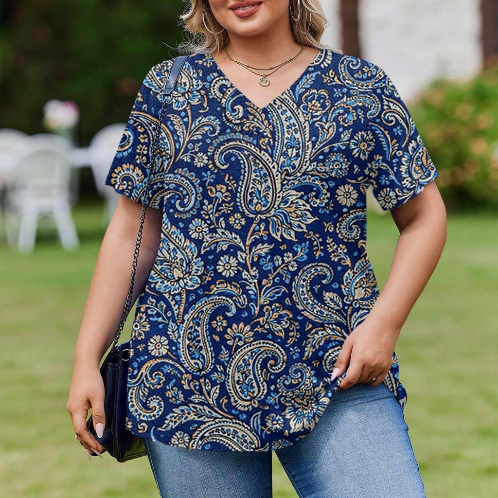 Women's Plus Size Fashionable Casual Loose-Fit Short Sleeve Elegant V Neck Blouse For Work