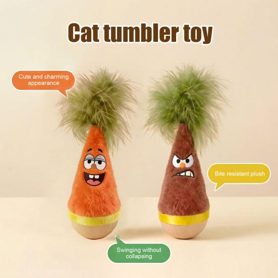 Wobble Cat Toy, Wooden Base Plush Wobble Toy, Self-Righting Interactive Cat Feather Toy for Indoor Cats Kittens Batting Kicking Silent