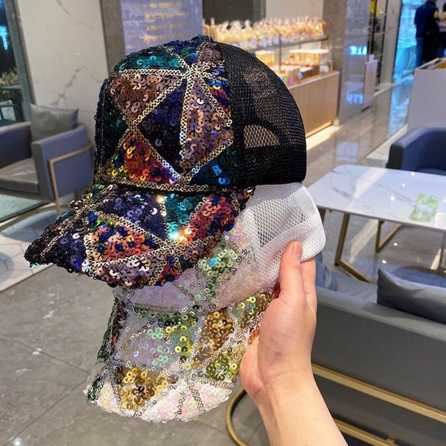 Glitter Sequined Mesh Trucker Cap, Colorful Geometric Patchwork Adjustable Baseball Hat for Party & Festival