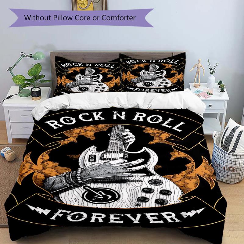 3pcs Rock N Roll Guitar Duvet Cover Set - Machine Washable, Includes 1 Duvet Cover and 2 Pillowcases, No Core Included Yy251022177