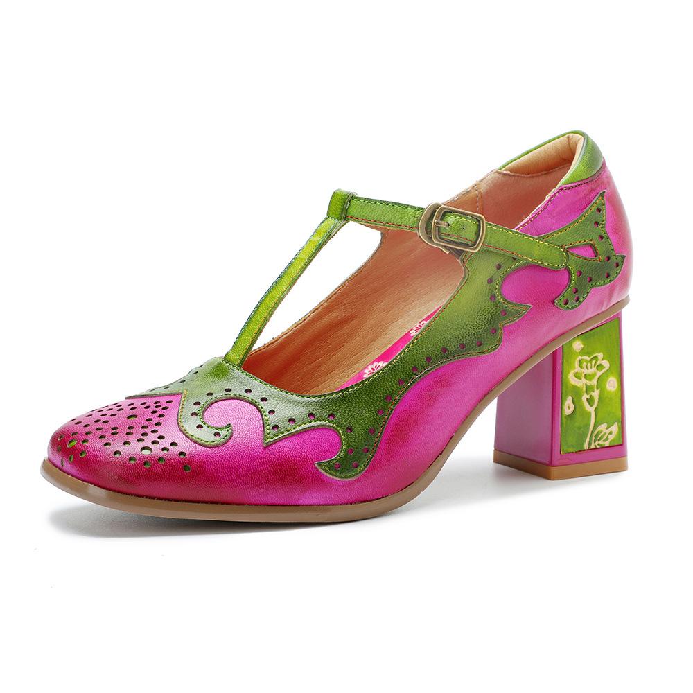 

Johnature Pumps Handmade Genuine Leather Retro High Heels Contrasting Color Fashionable Women s Shoes 42 рожевий