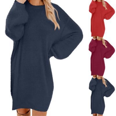 Suéter feminino de inverno tricotado com gola redonda quente manga comprida vestido casual