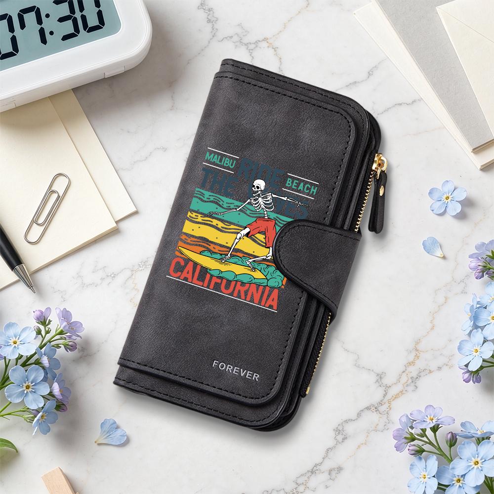 Vintage Skeleton Surf Printed Long Wallet Fashion Large Capacity Portable PU Card Holder Casual Daily Purses for Women Men
