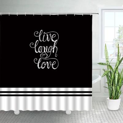 Black and White Shower Curtains Live Laugh Love Simple Inspirational Quotes Striped Farmhouse Fabric Bathroom Decor Set Hooks