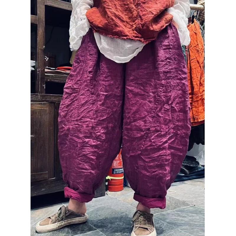 Johnature Women Harem Pants Solid Color Elastic Waist Pockets Patchwork Trousers Summer Loose Ankle Length Pants